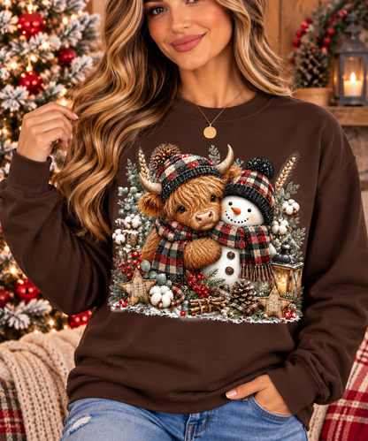 Cozy Highland Cow and Snowman