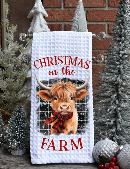 Highland Cow Christmas Kitchen Waffle Towel