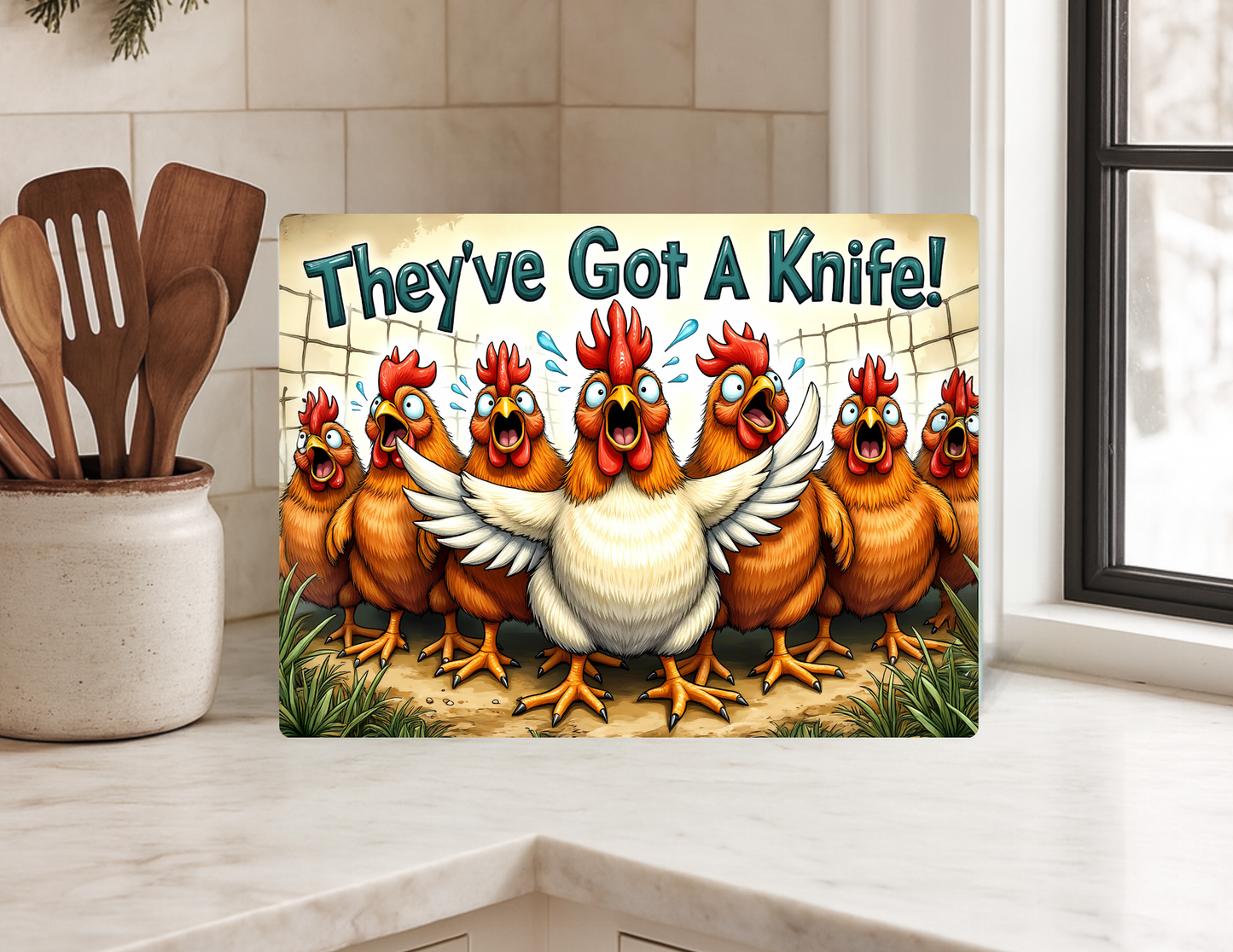 Farmhouse Chicken Glass Cutting Board