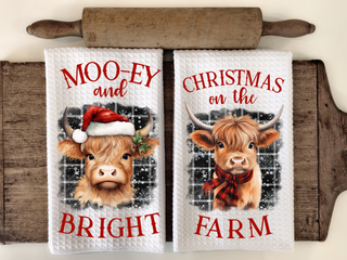 Highland Cow Christmas Kitchen Waffle Towel