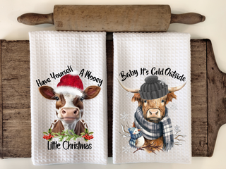 Cow Christmas Kitchen Waffle Towel